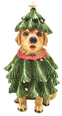 Dekohelden24 Dekohund, Weihnachtsfigur, Figur Hund, Dekomops,Tierstatue, Golden Retriever in Tannenbaumoptik und Tannenbaumspitze aus Keramik, in grün, L/B/H 13 x 14 x 24cm.