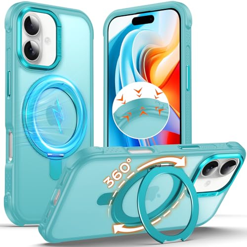Anqrp Invisible 360° Spin Magnetic Stand Case for iPhone 16 Compatible with Mag-Safe, [Non-Slip Edge] MIL-Grade Shockproof Bumper Translucent Matte Phone Case Cover for iPhone 16, Teal