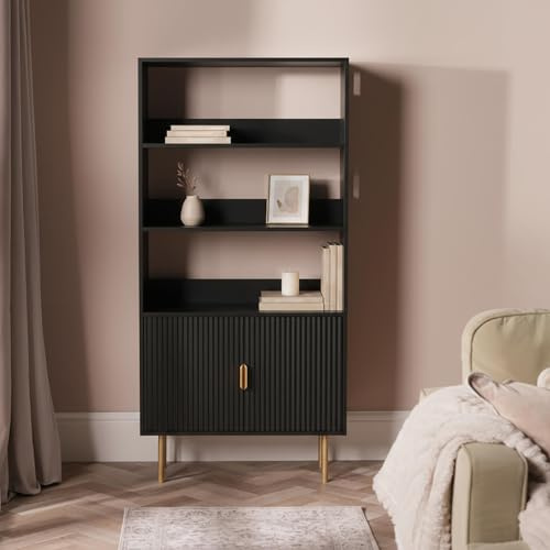 OHS Ribbed Bookcase Display Cabinets with 2 Doors and 3 Open Shelves 4 Tier Wooden Tall Bookcase Free Standing Shelving Unit Display Book Shelf for Living Room Office, Black - 60 x 30 x 140cm