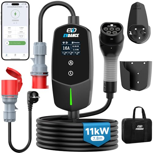 EVDANCE Mobile Wallbox 11kW mit App für Elektroauto & Hybrid | 400V (6-16A) 3 phasig 7,8M EV-Charger IP66 mit Einstellbarer Ladeleistung, Mobile Ladestation CEE Typ 2 Ladekabel für PHEV/EV