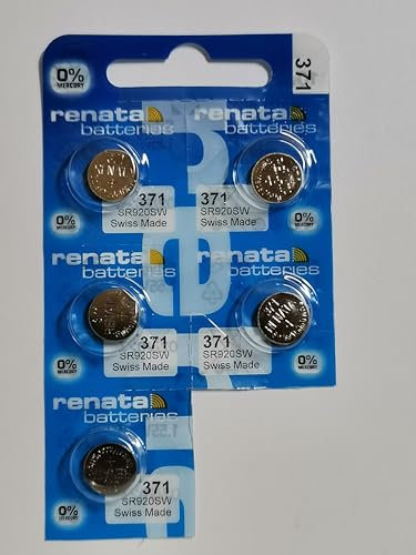 RENATA 371 Battery, Watch, Single Cell, Silver Oxide, 40 mAh, 1.55 V, SR69, Flat Top, 9.5 mm (5 pieces)