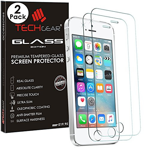 TECHGEAR [2 Pack GLASS Edition for iPhone SE 2016 / 5s / 5c / 5, Genuine Tempered Glass Screen Protector Guard Cover Compatible with Apple iPhone SE 2016 / 5s / 5c / 5
