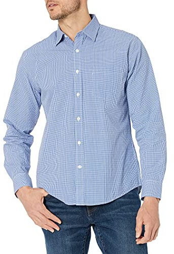 Amazon Essentials Chemise en Popeline à Manches Longues, Style Décontracté, Coupe Standard Homme, Bleu Motif Vichy, L