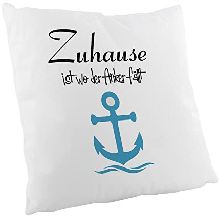 Crealuxe Flauschiges Kissen - Zuhause ist wo der Anker fällt Zierkissen, Sofakissen, bedrucktes Kissen, Baumwollkissen