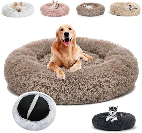 JRUI Hundebett für Grosse Hunde Abziehbar Waschbar (3XL) 100 cm Ø, Rund Plüsch, Extra Weich, Gegen Stress und Angst, für Kleine, Mittlere und Große Hunde Katzen, Braun