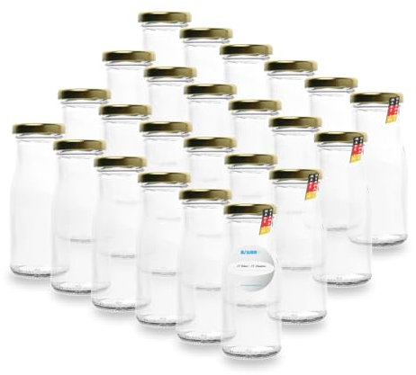 24 Leere Flaschen, kleine Glasflaschen 150 ml in Weiß TO43 mit goldenem Verschluss – Zum Befüllen von Milchflaschen, Saftflaschen, oder als Deko-Vase, inklusive Etiketten