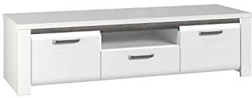 FORTE Brugia TV-Unterschrank mit 2 Türen und 1 Schublade, Holzwerkstoff, Weiß kombiniert mit Betonoptik Dunkelgrau/Weiß Hochglanz, 44 x 161 x 53 cm