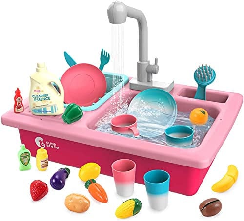 cute stone Color Changing Kitchen Sink Toys, Children Heat Sensitive Electric Dishwasher Playing Toy with Running Water, Automatic Water Cycle System Play House Pretend Role Play Toys for Girls