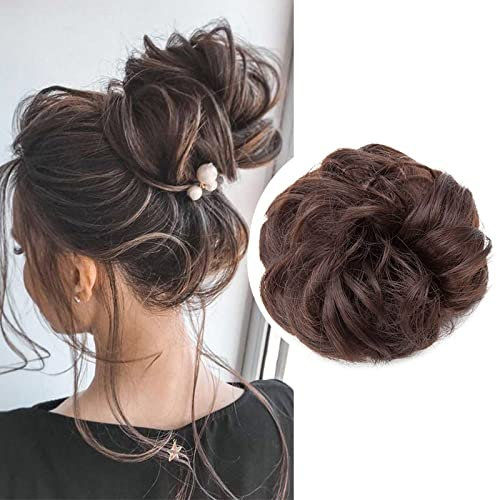 Silk-co Haarteil mit Gummiband, Dutt mit Haaren Gewellt Weich Dutt Haarteil mit Gummiband 25 g, Gelockt Haarverdickung Hair Extensions Messy Bun Hochsteckfrisuren Dunkel-Rotbraun