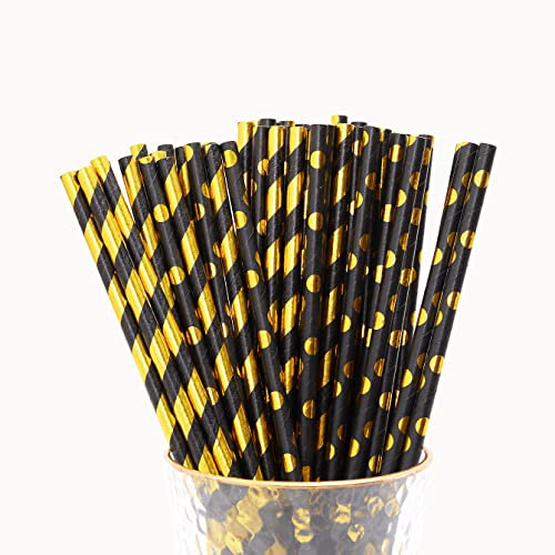 Lot de 100 pailles en papier biodégradables dorées pour fête, anniversaire, mariage, fête – Noir avec film métallique rayé/vague/cœur/étoile (197 x 6 mm)