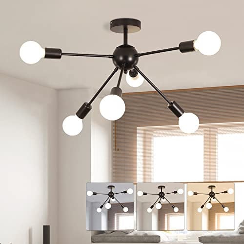 XEMQENER 6-Light Sputnik Ceiling Light, Modern Industrial Black Chandelier, Vintage Semi Flush Mount Pendant Lighting for Living Room, Bedroom, Dining Room, E27 Socket