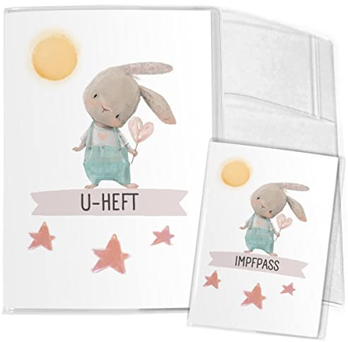 Mikalino Hülle für U-Heft + Impfpass Niedlicher kleiner Hase mit Herz (Name, Datum) Impfpasshülle & Schutzhülle, Grösse:U-Heft Set 3-teilig, Farbe:7009_Hase