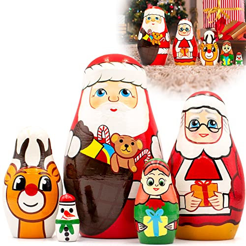 AEVVV Christmas Russian Nesting Dolls Set 5 pcs - Matryoshka Doll Holiday - Christmas Stacking Dolls - Mrs Claus Santa Nesting Dolls - Small Christmas Santa Gifts