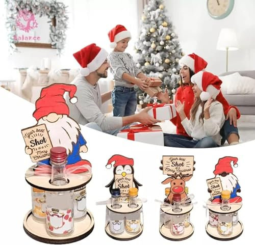 Flueyer 4Pcs Christmas Mini Wooden Wine Rack, Mini Liquor Bottle Holder Wooden Christmas Penguin Elk Gnomes Wine Rack Gift for Beverages/Liquor Bottles Storage
