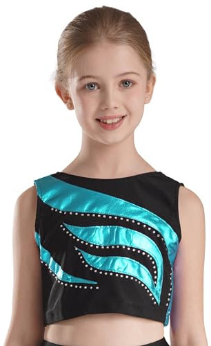 Agoky Mädchen Metallic Crop Top Ärmellos Sport Shirt mit Flamme Glitzer Turnanzug Oberteile Eiskunstlauf Bekleidung Türkis 122-128