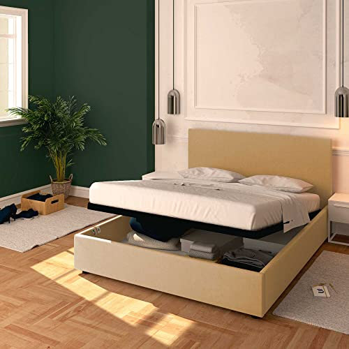 Baldiflex Doppelbett mit Stauraum, Modell Rossano aus Kunstleder, Lattenrost, für Doppelbetten 180 x 200 cm, elegantes Kopfteil in Beige