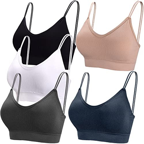 BQTQ 5 Stücke Bralette Damen V Hals Cami Top BH Bralette Schlafen BH für Frauen Mädchen, Schwarz, Beige, Weiß, Indigo, Dunkelgrau, M