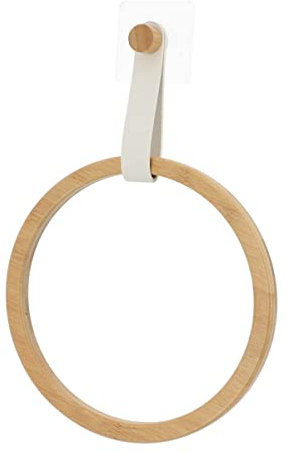 Porte-serviettes circulaire en bambou avec fixation en cuir synthétique, porte-serviettes 21 cm pour lavabo avec fixation adhésive sans trous (Porte-serviettes blanc)
