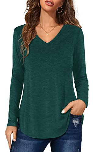 Florboom Ladies Tunic Tops Long Sleeve V-Neckline Loose T-Shirt Flowy Swing Shirts Blouses, Army Green 12 14