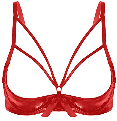 Agoky Women's Wet Look Patent Leather Harness Cage Bra Hollow Out 1/4 Cup Bralette Lingerie Bustier Red 3XL