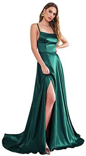 BABYONLINE D.R.E.S.S. Robe de Bal Longue Elégante en Satin Fendue Robe pour Mariage Invitée Femme Temoin Vert Foncé 38