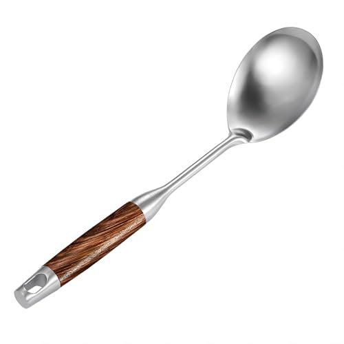 REDANT Large Serving Spoons for Buffet, 18/8 Stainless Steel Cooking Spoon for Rice with Long Wooden Handle, Metal Kitchen Spoons for Cooking/Mixing/Baking, Serving Utensils, Silver / 13.3Inch