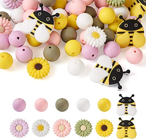 Boutigem 59 runde Gänseblümchen-Bienen-Silikon-Perlen, Honigbienenen-Perlen für Schmuckherstellung, Armband, Halskette, DIY-Schlüsselanhänger, Heimwerker, Dekoration