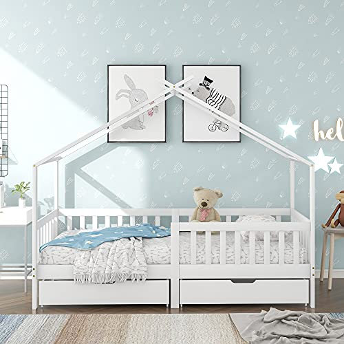 KUAKE Kinderbett 90x200 mit 2 Schubladen, Jugendbett Hausbett mit Rausfallschutz, Lattenrost und Zaun für Jungen & Mädchen
