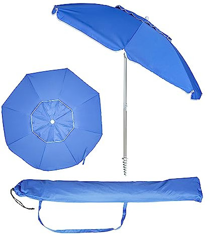 H HANSEL HOME Sombrilla de Playa Premium con Broca de Arena, Inclinable, Resiste Vientos de Hasta 20km/h, Tubo Aluminio, Varillas de Fibra de Vidrio, Protección Solar UPF+50,180cm, Azul