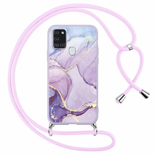 ZhuoFan Handykette für Samsung Galaxy A21s 4G Hülle mit Band,Aesthetic Marmor Muster Verstellbarer Halskette Handyhülle mit Kordel zum umhängen, Violett Silikon Stoßfest Schutzhülle mit Kette, Marble