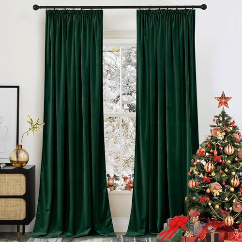 PONY DANCE Übergardinen Wohnzimmer mit Kräuselband Vorhänge Samt 2er Set H 280 x B 132 cm Samtvorhang Dunkelgrün Verdunkelnde Gardinen Samt (300g/m²) Velvet Thermal Curtains for Living Room