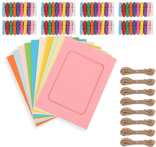 WOPPLXY 80 Stück Bilderrahmen Bunt mit 80 x Mini Holzklammern und 8 x 2m Hanfseil, Bilderrahmen Mini für 15x10 cm Foto, 10 Farben Minibilderrahmen aus Pappe für Schule Zuhause Büro Wand Dekoration