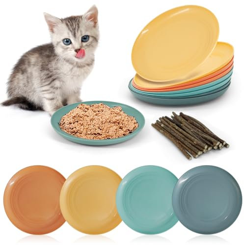 TRUEIN 8 Stück Katzennapf Flach, 20 Stück Katzenminze Stick, Katzenschüssel für Futter und Wasser, Katzenteller, Matatabi Sticks für Katzen, Katzenfutternapf für Die Fütterung von Kätzchen (4 Farben)
