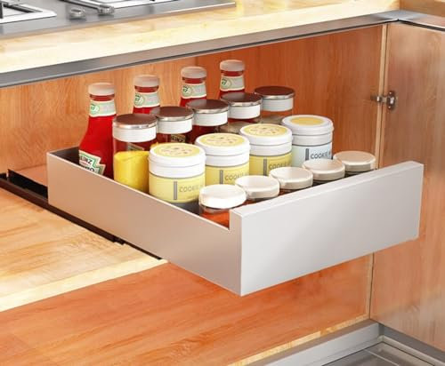 Teleskopschublade, Ausziehbare Schublade Küche (25cm B x 43cm T x 8cm H), Ausziehbarer Schrank Organizer, Schrank Schubladen Ausziehbar, Schrankauszug Küche, Weiß