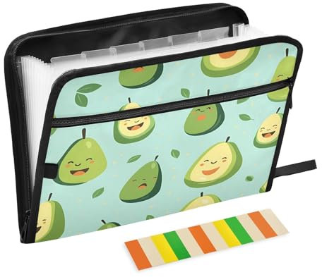 Smiley Avocado Fächermappe mit 13 Fächern, A4-Papier, Dokumente, Akkordeon, Ordner, Reißverschluss, A4