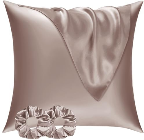 Satin Kissenbezug 80x80 2er Set & 2 Haargummis, Satin Kopfkissenbezug 80x80 Braun, Weich wie Seidenkissenbezug 80x80,Bessere Pflege als Silk Pillosecase,Kissenhülle Kissenbezug für Haar und Haut