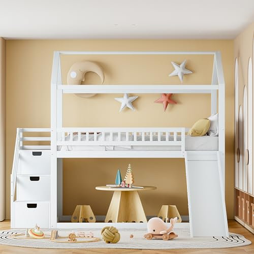 NNJN Kinderetagenbett 90 * 200 cm, Hochbett, mit Rutsche und Stauraumleiter, hohe Zaunkonstruktion, Massivholzbettrahmen, Lattenrost,weiB（Ohne Matratze）