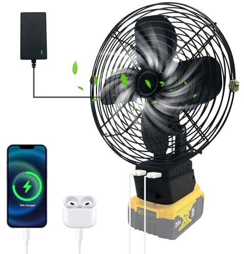 byczone Portable Jobsite Fan for Dewalt 20v Battery and direct power supply using battery charger Cordless Works Fan Battery Portable Fan with Low Voltage Protection, USB Port (No Battery), 8 inches
