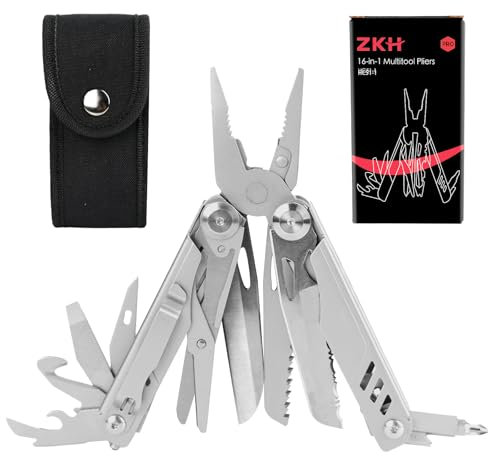 ZKH Pince Multifonction 16 en 1, Outil Multifonction, Camping Multitool avec Errouillage de Sécurité, Acier Inoxydable, Léger, Facile à Transporter Cadeau Homme pour Extérieur, Réparation, Randonnée