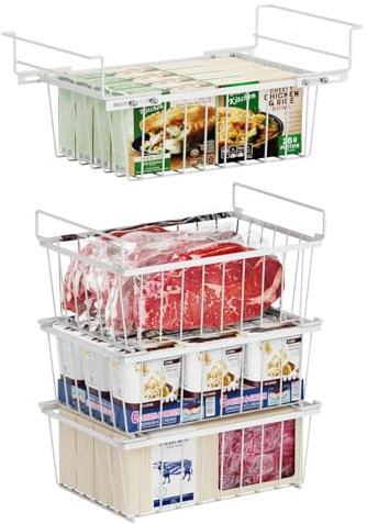 iSPECLE 4er Gefrier-Organizer - 3 stapelbare Truhengefrierkörbe und 1 hängender Gefrierkorb für 215L Truhengefrierschrank, schafft zusätzlichen Platz, einfach zum Sortieren und Essen bekommen, Weiß