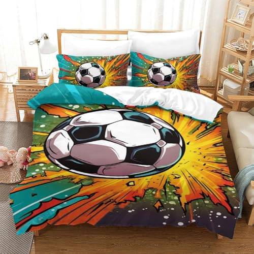 INTHEJOYSHOP Fußball 3D Gedruckt Bettwäsche Set 3 Teilig Ettbezüge Mit Kissenbezug Soft Microfaser Luxus Modern Mit Reißverschluss Für Erwachsene Und Kinder Single(140x200cm)