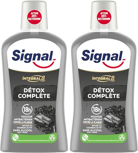 SIGNAL - Bain de Bouche Intégral 8 Détox Complète - Infusé au Charbon Actif - Enrichi en Zince Minéral pour une éfficacité antibactérienne pendant 18h - Sans Alcool - 500ml