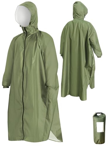 ANYOO Poncho de Pluie Imperméable Femmes Hommes avec Capuche Léger et Portable Manteau de pluie avec Manches Longues pour Randonnée Extérieure, Cyclisme, Vert Armée, Taille unique