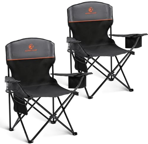 ALPHA CAMP Camping Chairs 250LBS Capacity, Heavy Duty Folding Chair with 4-Can Cooler Bag, Portable Outdoor Chair with Cup Holder for Adults, Collapsible for Tailgating, Beach, Fishing,Black,2PC