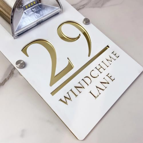 Personalized Solar Modern Door Plaque LED Light Up Outdoor Address Plaque Custom Solar-Powered Lighted Number Plate Sign House Decoration for Wall Sign (white gold,20x33cm)