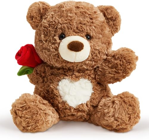 Rose Teddy Bear Stuffed Animals Soft Plush Toy Teddy Bear With Rose Gift for Mother Girlfriend Birthday Wedding 9.5, White (Brown)