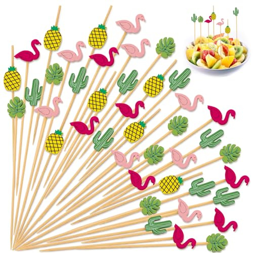 Hopton 100 Pcs Cocktail Sticks, 4.7 inch Bamboo Cocktail Picks | Cactus Pineapple Flamingo Toothpicks Wooden Skewers,Fruit Skewers,Party Food Picks for Appetizers,Drinks,Fruits,Snacks