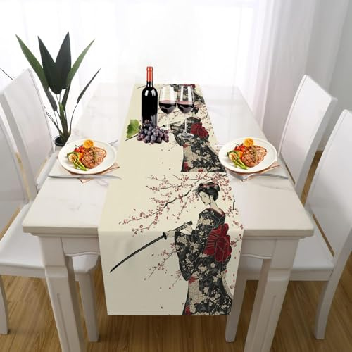 Samurai Kirschblüten Tischläufer Einschulung Deko, Japanische Stil Tischdeko Waschbar Küche Tisch Dekoration Geburtstag Hochzeitsdeko 30x120cm