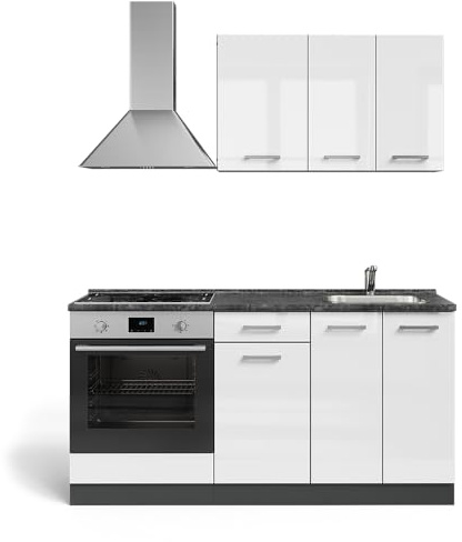 Vicco Cuisine R-Line, Blanc Brillant/Anthracite, 160cm | avec meuble four encastrable avec plan de travail, préparé pour l’intégration d’appareils électroménagers et d’un évier