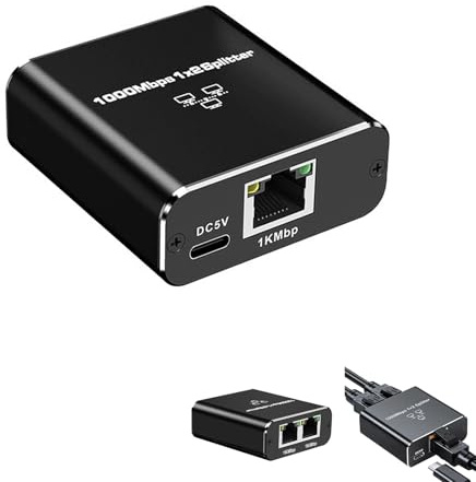 Switch Ethernet 2 Puertos, Splitter Ethernet 1 a 2 RJ45 1000 Mbps, Adaptador de Red LAN Gigabit 2 Puertos con Alimentación USB C, Divisor Ethernet para Ordenador Router Conmutador Smart TV Consolas